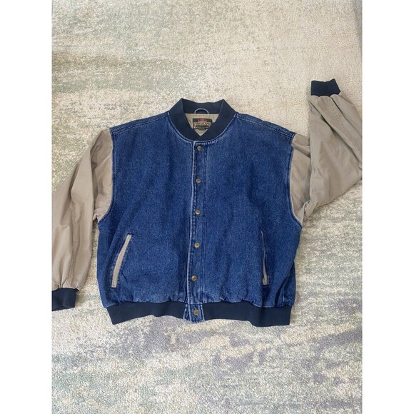 Vintage 80s 90s Sz XXL GREAT LAND Baseball Jacket Denim Beige Blue - Picture 1 of 7
